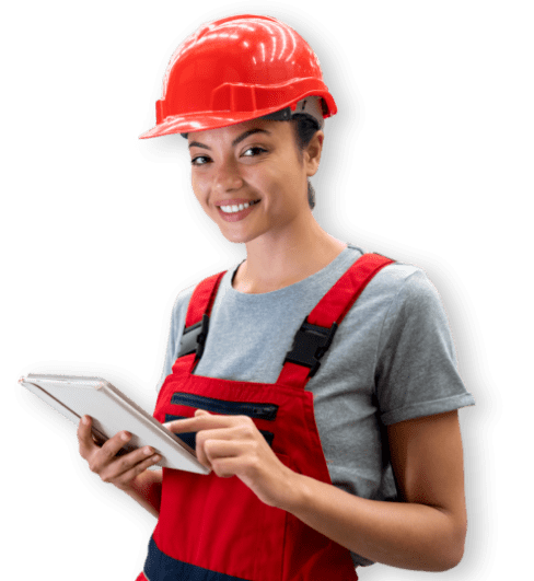 Operatrice HSE con caschetto e tablet che consulta lo stato del RENTRI